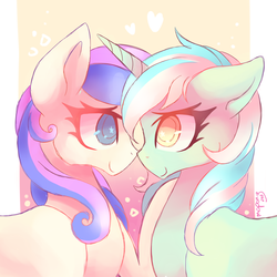 Size: 2317x2316 | Tagged: safe, artist:emberslament, artist:mapony240, bon bon, lyra heartstrings, sweetie drops, earth pony, pony, g4, collaboration, female, high res, lesbian, mare, nuzzling, ship:lyrabon, shipping, smiling, starry eyes, wingding eyes