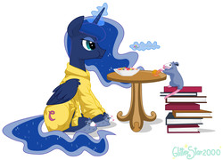 Size: 3928x2824 | Tagged: safe, artist:glitterstar2000, princess luna, tiberius, alicorn, opossum, pony, g4, book, breakfast, cereal, clothes, cookie, cute, ethereal mane, female, food, high res, magic, male, mare, robe, simple background, slippers, starry mane, table, telekinesis