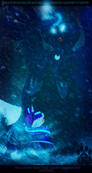 Size: 1641x3083 | Tagged: safe, artist:poke-chan145, princess luna, snowfall frost, spirit of hearth's warming yet to come, starlight glimmer, pony, unicorn, a hearth's warming tail, g4, blizzard, cloak, clothes, glowing eyes, magic, scene interpretation, snow, snowfall