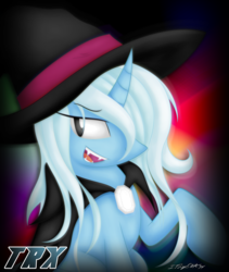 Size: 3497x4140 | Tagged: safe, artist:iflysna94, trixie, pony, unicorn, g4, cape, clothes, fangs, female, hair over one eye, hat, high res, mare, open mouth, solo, wizard hat