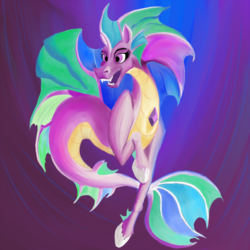 Size: 1000x1000 | Tagged: safe, artist:littleponyprincess, princess celestia, siren, g4, 4chan, colored, fangs, female, gradient background, hoers, open mouth, raised hoof, simple background, sirenified, sirenlestia, smiling, solo, species swap