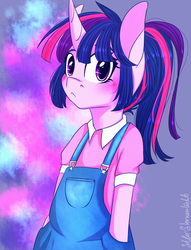 Size: 1300x1700 | Tagged: safe, artist:silbersternenlicht, twilight sparkle, anthro, g4, blushing, clothes, cute, dungarees, female, overalls, signature, solo, twiabetes