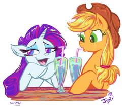 Size: 997x842 | Tagged: safe, artist:jowyb, applejack, rarity, earth pony, pony, unicorn, g4, drink, duo, female, freckles, hat, mare, milkshake, open mouth, straw