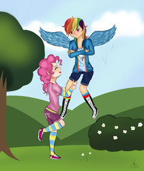 Size: 1600x1900 | Tagged: safe, artist:sailor-sheep, pinkie pie, rainbow dash, human, g4, annoyed, clothes, female, humanized, lesbian, ship:pinkiedash, shipping, shirt, shorts, socks, striped socks, winged humanization