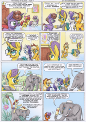 Size: 3490x4935 | Tagged: safe, artist:xeviousgreenii, apple bloom, applejack, rarity, scootaloo, sweetie belle, oc, oc:trunkington, oc:zircon glaze, elephant, comic:the temple of bloom, g4, adorabloom, applebetes, blazer, clothes, comic, cowboy hat, cricket bat, cute, cutealoo, cutie mark crusaders, diasweetes, diasweeties, forest, hat, jungle, machete, map, monocle, nature, necktie, panama hat, pith helmet, stetson, traditional art, tree, turban