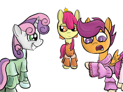 Size: 2000x1500 | Tagged: safe, artist:minosua, apple bloom, scootaloo, sweetie belle, earth pony, pegasus, pony, unicorn, g4, clothes, cute, cutie mark crusaders, dress, dressing, fashion, socks, stockings, trio