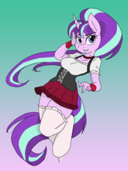 Size: 774x1033 | Tagged: safe, artist:ambris, edit, starlight glimmer, unicorn, anthro, unguligrade anthro, g4, alternate hairstyle, choker, clothes, corset, female, looking at you, pleated skirt, ponytail, s5 starlight, skirt, smiling, socks, solo, standing, standing on one leg, stockings, thigh highs, zettai ryouiki