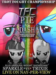 Size: 900x1200 | Tagged: safe, artist:spartan19, pinkie pie, rainbow dash, trixie, twilight sparkle, earth pony, pegasus, pony, unicorn, g4, clothes, female, frown, gloves, grin, mare, martial arts, mma, parody, poster, smiling, smug, ufc