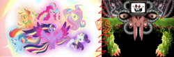 Size: 2192x724 | Tagged: safe, applejack, fluttershy, pinkie pie, rainbow dash, rarity, twilight sparkle, alicorn, pony, g4, first timer, mane six, omega flowey, photoshop flowey, rainbow power, twilight sparkle (alicorn), undertale