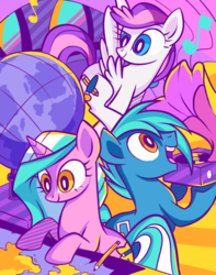 Size: 1024x1297 | Tagged: safe, artist:pepooni, oc, oc only, oc:blank canvas, oc:hoof beatz, oc:mane event, earth pony, pegasus, pony, unicorn, bronycon mascots, female, globe, gramophone, male, map, mare, pencil, stallion