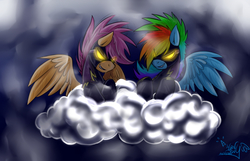 Size: 1400x900 | Tagged: safe, artist:mimy92sonadow, rainbow dash, scootaloo, pony, g4, clothes, cloud, costume, duo, goggles, shadowbolt dash, shadowbolt scootaloo, shadowbolts, shadowbolts costume, signature