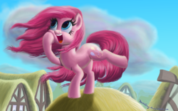 Size: 2000x1250 | Tagged: safe, artist:deathpwny, pinkie pie, g4, female, happy, open mouth, solo, windswept mane