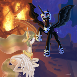 Size: 1050x1050 | Tagged: safe, artist:darkkodkod, nightmare moon, princess celestia, g4, duo, fire