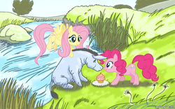 Size: 1680x1050 | Tagged: safe, artist:latecustomer, fluttershy, pinkie pie, g4, crossover, cupcake, eeyore, food, winnie the pooh