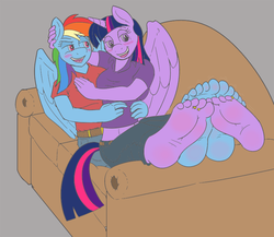 Size: 776x675 | Tagged: safe, artist:arcadias, artist:caroo, rainbow dash, twilight sparkle, alicorn, anthro, plantigrade anthro, g4, barefoot, belly button, colored sketch, feet, female, foot blush, foot fetish, foot focus, footsie, lesbian, midriff, ship:twidash, shipping, simple background, snuggling, soles, toe ring, toes, twilight sparkle (alicorn)