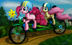 Size: 4000x2500 | Tagged: safe, artist:deathpwny, derpy hooves, fluttershy, pinkie pie, oc, pegasus, pony, g4, andrea libman, bicycle, duo, female, fundraiser, helmet, mare, ride to conquer cancer