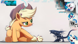 Size: 1919x1079 | Tagged: safe, artist:ncmares, edit, applejack, dj pon-3, fluttershy, vinyl scratch, alien, xenomorph, g4, alien (franchise), calendar, clock, cute, desktop, happy, microsoft windows, music, music notes, music player, rainmeter, teamspeak, wallpaper, windows 7