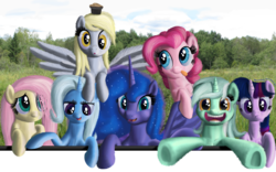 Size: 2720x1700 | Tagged: safe, artist:deathpwny, derpy hooves, fluttershy, lyra heartstrings, pinkie pie, princess luna, trixie, twilight sparkle, pegasus, pony, g4, female, food, group shot, mare, muffin