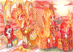 Size: 3257x2314 | Tagged: safe, artist:lubronyr, nightmare star, princess celestia, rarity, fire pony, g4, alternate universe, beautiful, clothes, dress, fire, flower, high res, magic, mane of fire, orange, palace, red, spear, sun, traditional art, weapon
