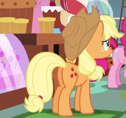 Size: 451x423 | Tagged: safe, screencap, applejack, pinkie pie, pony, g4, mmmystery on the friendship express, butt, cropped, female, mare, plot