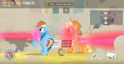 Size: 851x438 | Tagged: safe, screencap, applejack, gummy, pinkie pie, rainbow dash, changeling, a canterlot wedding, g4, overwatch, party cannon, play of the game, text