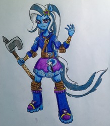 Size: 2084x2389 | Tagged: safe, artist:bozzerkazooers, trixie, equestria girls, g4, axe, female, high res, ponied up, smiling, solo, traditional art, weapon