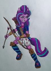 Size: 1902x2642 | Tagged: safe, artist:bozzerkazooers, starlight glimmer, equestria girls, g4, arrow, bow (weapon), bow and arrow, female, grin, ponied up, smiling, solo, traditional art, weapon