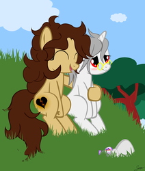 Size: 2000x2355 | Tagged: safe, artist:suzano, oc, oc only, oc:heartbreak, oc:suzano, earth pony, pony, unicorn, bottle, branding, cloud, cute, duo, embarrassed, eyes closed, female, glasses, grass, heart, high res, hill, hole, hug, human in equestria, human to pony, male to female, mare, messy mane, my little heartbreak, potion, red eyes, rock, rule 63, sitting, sky, smiling, tree