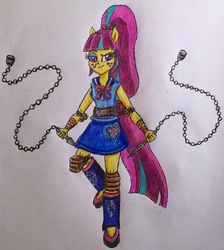 Size: 2036x2277 | Tagged: safe, artist:bozzerkazooers, sour sweet, equestria girls, g4, chains, female, high res, ponied up, solo, surujin, traditional art, weapon