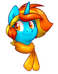 Size: 376x478 | Tagged: safe, artist:caballerial, oc, oc only, oc:kumquat, pony, unicorn, bust, clothes, colored pupils, scarf, simple background, smiling, transparent background