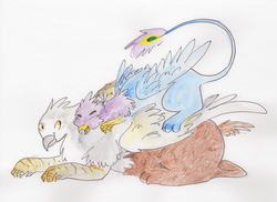 Size: 3139x2291 | Tagged: safe, artist:rocketponies, oc, oc only, oc:gael, oc:gyro feather, oc:gyro tech, griffon, gaero, gay, griffonized, high res, male, oc x oc, shipping, species swap, traditional art