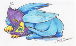 Size: 2464x1505 | Tagged: safe, artist:slifertheskydragon, oc, oc only, oc:gyro feather, oc:gyro tech, griffon, griffonized, sleeping, species swap, traditional art