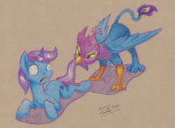 Size: 2277x1654 | Tagged: safe, artist:tsitra360, oc, oc only, oc:gyro feather, oc:gyro tech, griffon, colored pencil drawing, griffonized, mouth hold, self ponidox, species swap, spread wings, traditional art