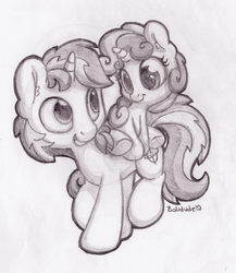 Size: 1903x2190 | Tagged: safe, artist:bobdude0, sweetie belle, oc, oc:gyro tech, pony, unicorn, g4, monochrome, traditional art