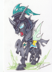 Size: 1688x2319 | Tagged: safe, artist:slifertheskydragon, oc, oc only, oc:evening breeze, changeling, armor, changeling drone, changeling oc, magic, traditional art