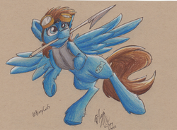 Size: 2319x1705 | Tagged: safe, artist:victorydanceofficial, oc, oc only, oc:seaward skies, pegasus, pony, goggles, harpoon, solo, traditional art