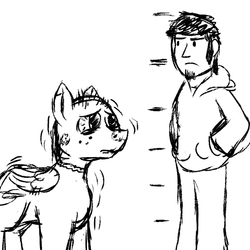 Size: 600x600 | Tagged: safe, artist:thebathwaterhero, oc, oc only, human, pegasus, pony, series:entrapment, adult, bloodshot eyes, chart, clothes, cutie mark, frown, height, height difference, hoodie, male, monochrome, pants, rash, sad, scale, self insert, size chart, size comparison, size difference, skin, stallion, text