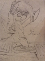 Size: 896x1200 | Tagged: artist needed, safe, derpy hooves, pegasus, pony, bronycon, bronycon 2016, g4, disc jockey, female, glowstick, headphones, mare, sketch, turntable