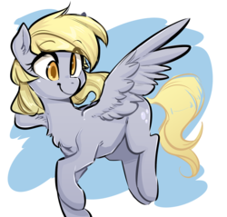 Size: 1342x1283 | Tagged: safe, artist:glacierclear, derpy hooves, pegasus, pony, g4, abstract background, chest fluff, cute, derpabetes, ear fluff, female, fluffy, flying, mare, raised hoof, smiling, solo, spread wings