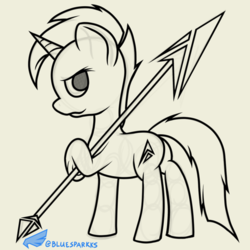 Size: 600x600 | Tagged: safe, artist:bluesparkks, oc, oc only, monochrome, solo, spear, weapon