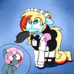 Size: 2000x2000 | Tagged: safe, artist:fullmetalpikmin, oc, oc only, oc:honey wound, oc:juicy dream, pony, blushing, clothes, female, high res, lesbian, maid, mare, mouth hold, oc x oc, open mouth, shipping