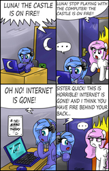 Size: 1293x2021 | Tagged: safe, artist:ciriliko, princess celestia, princess luna, gamer luna, g4, celestia is not amused, comic, creeper, female, filly, filly celestia, filly luna, fire, gaming, oblivious, skewed priorities, woona, younger