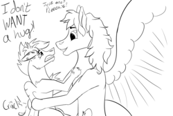 Size: 1994x1337 | Tagged: safe, artist:gabriel-titanfeather, oc, oc only, oc:gabriel titanfeather, oc:turquoise, pegasus, pony, cracking joints, crushing, digital art, hug, impossibly large wings, monochrome, size difference