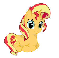 Size: 1064x1056 | Tagged: safe, artist:zharkaer, sunset shimmer, pony, unicorn, g4, female, looking at you, prone, raised eyebrow, simple background, solo, transparent background