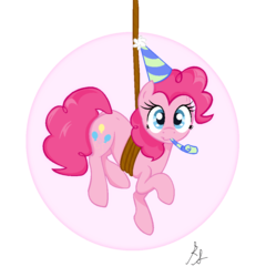 Size: 1024x1030 | Tagged: safe, artist:xxthatsmytypexx, pinkie pie, g4, female, hat, party hat, party horn, rope, solo, suspended