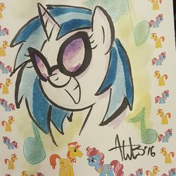 Size: 1080x1080 | Tagged: safe, artist:agnesgarbowska, carrot cake, cup cake, dj pon-3, vinyl scratch, g4, sketch, smiling, traditional art, watercolor painting