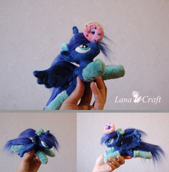 Size: 3008x3060 | Tagged: safe, artist:lanacraft, princess luna, alicorn, human, pony, g4, balancing, beanie (plushie), clothes, cute, donut, female, fluffy, flying, food, hand, high res, holding a pony, horn, horn impalement, irl, irl human, kittensized, lunabetes, mare, photo, plushie, socks, solo, spread wings, the uses of unicorn horns, toy, wings