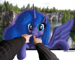 Size: 2000x1600 | Tagged: safe, artist:deathpwny, princess luna, human, pony, g4, boop, breaking the fourth wall, fluffy, hand