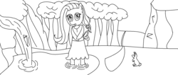 Size: 1700x721 | Tagged: safe, artist:amateur-draw, fluttershy, rabbit, g4, 1000 hours in ms paint, alternate hairstyle, bow, clothes, cute, dress, forest, ms paint, pond, water, waterfall
