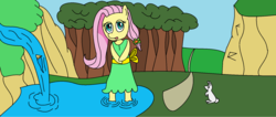 Size: 1700x721 | Tagged: safe, artist:amateur-draw, fluttershy, rabbit, g4, 1000 hours in ms paint, alternate hairstyle, bow, clothes, cute, dress, ms paint, waterfall